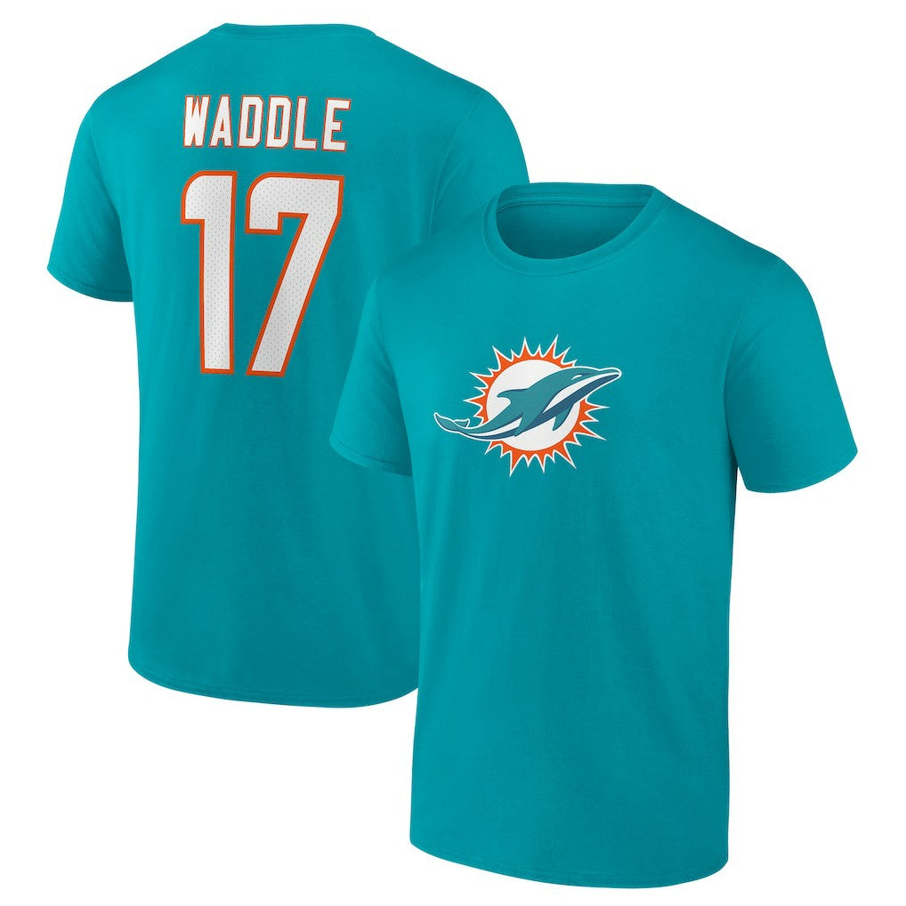 Jaylen Waddle Miami Dolphins Player Icon Name & Number T-Shirt - Aqua T-shirts