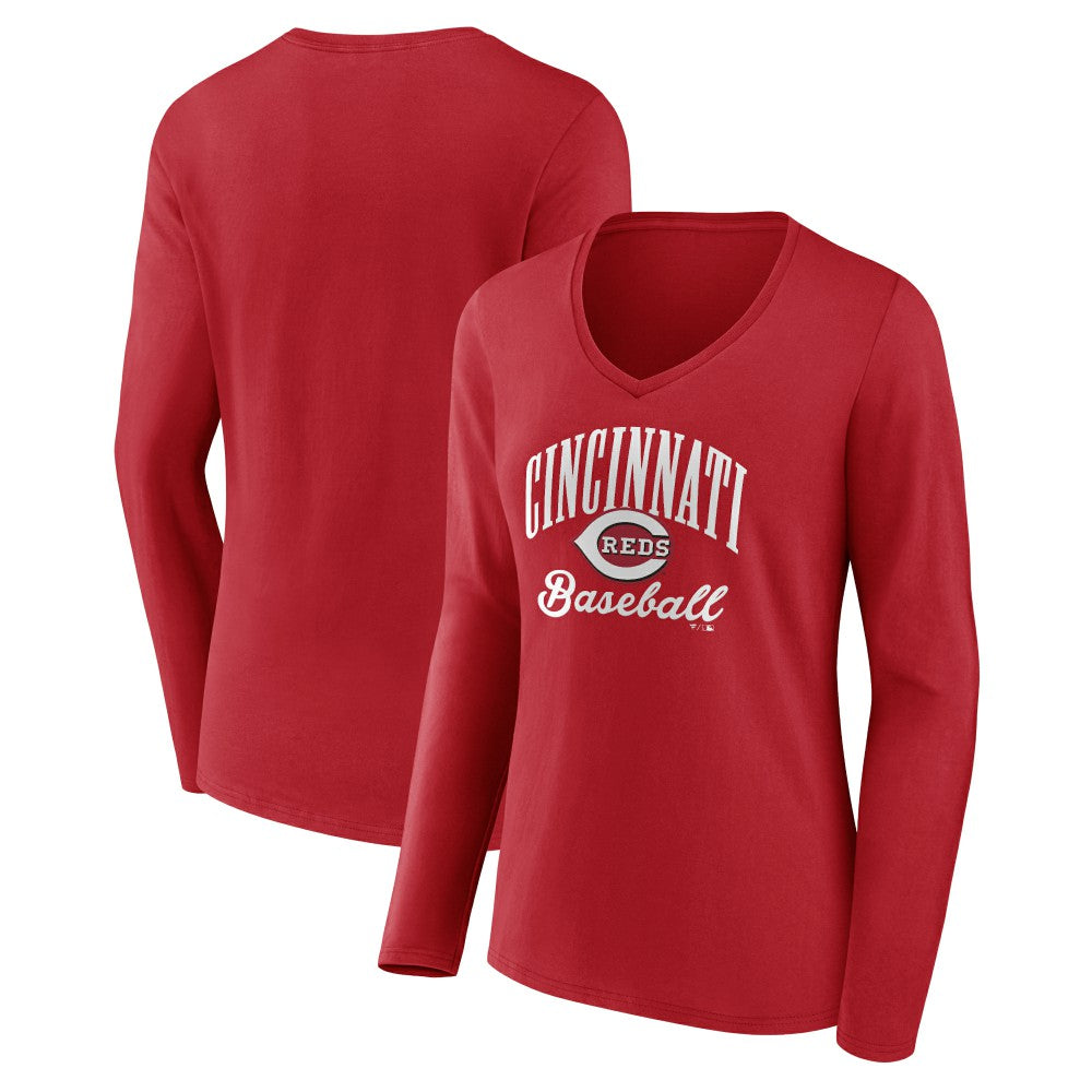 Cincinnati Reds Women's Victory Script Long Sleeve V-Neck T-Shirt - Red T-shirts