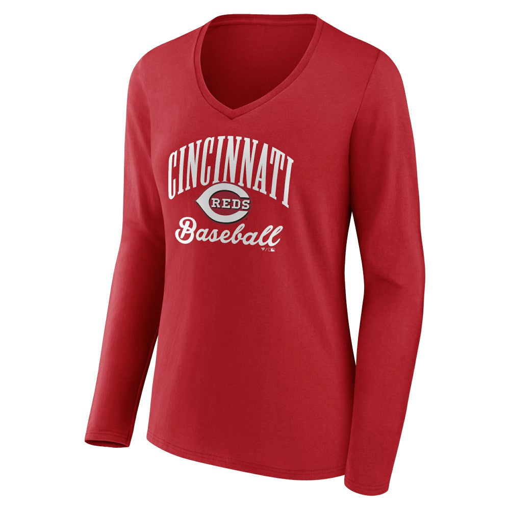 Cincinnati Reds Women's Victory Script Long Sleeve V-Neck T-Shirt - Red T-shirts