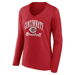 Cincinnati Reds Women's Victory Script Long Sleeve V-Neck T-Shirt - Red T-shirts