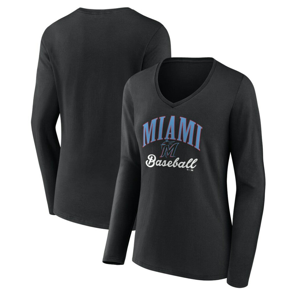 Miami Marlins Women's Victory Script Long Sleeve V-Neck T-Shirt - Black T-shirts