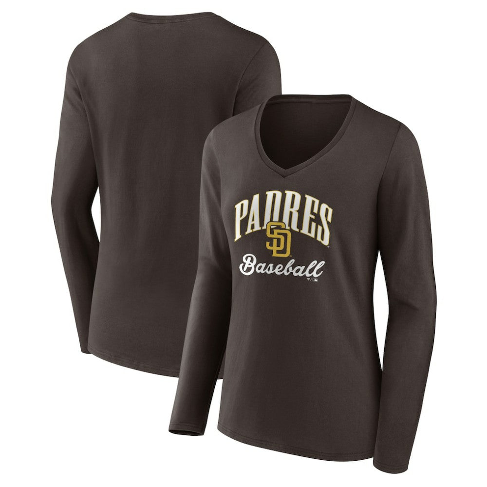 San Diego Padres Women's Victory Script Long Sleeve V-Neck T-Shirt - Brown T-shirts