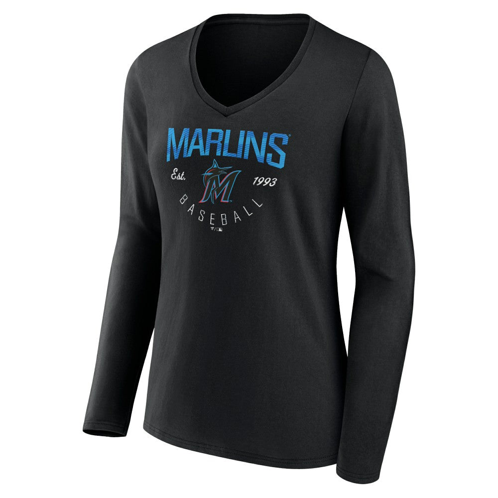 Miami Marlins Women's Live For It Long Sleeve Long Sleeve V-Neck T-Shirt - Black T-shirts