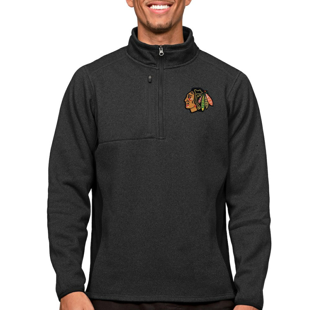 Chicago Blackhawks Antigua Course Quarter-Zip Pullover Top - Heather Black | US 5082345