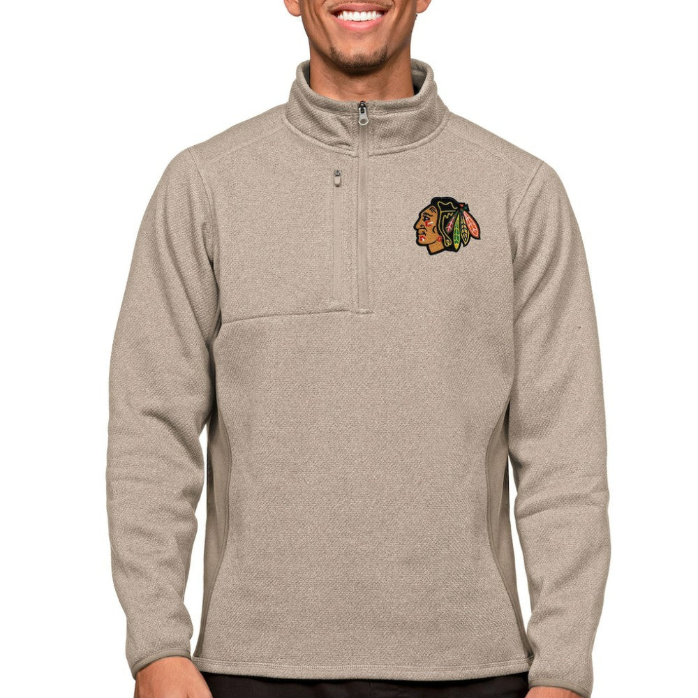 Chicago Blackhawks Antigua Course Quarter-Zip Pullover Top - Oatmeal | US 5082348