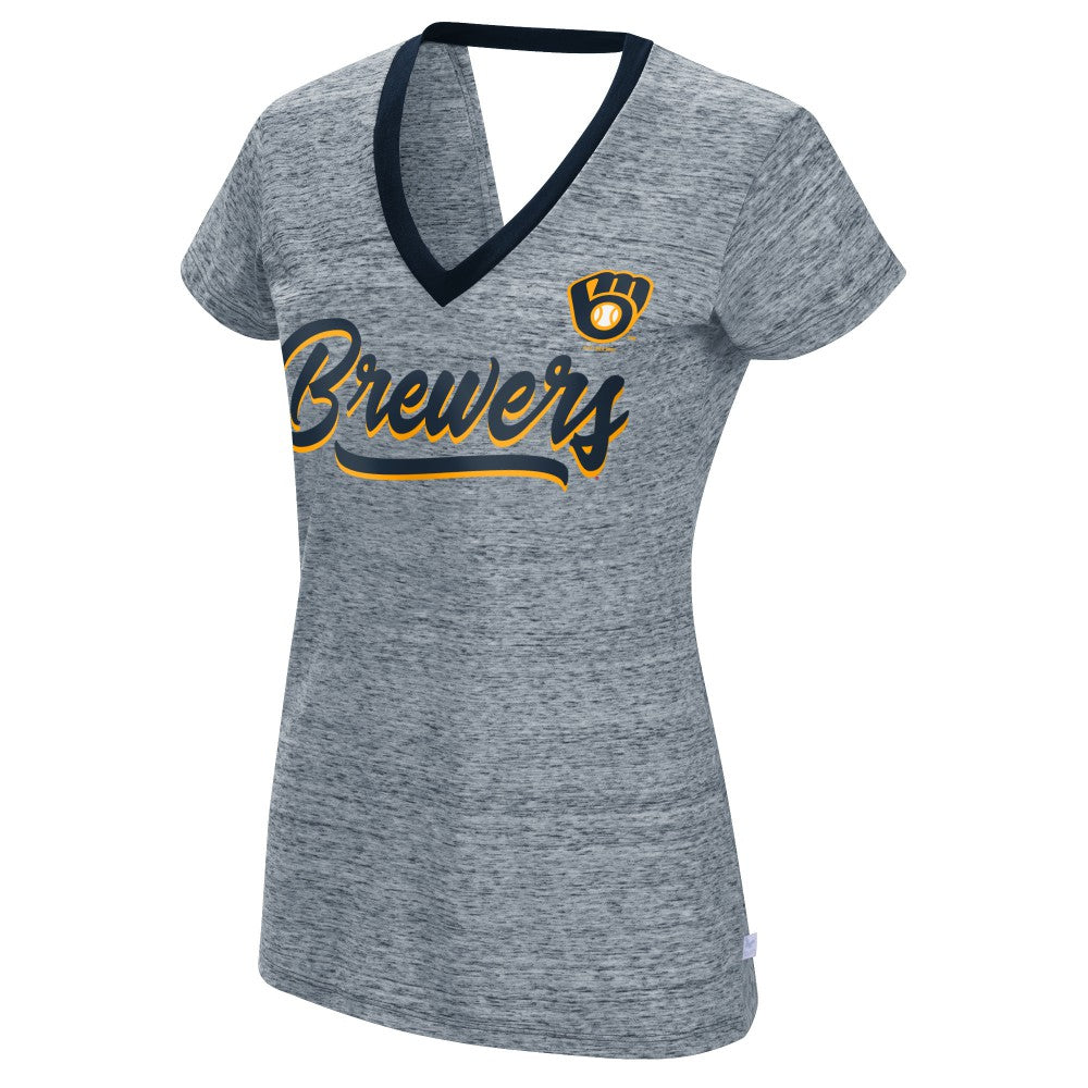 Milwaukee Brewers Touch Women's Halftime Back Wrap Top V-Neck T-Shirt - Navy T-shirts