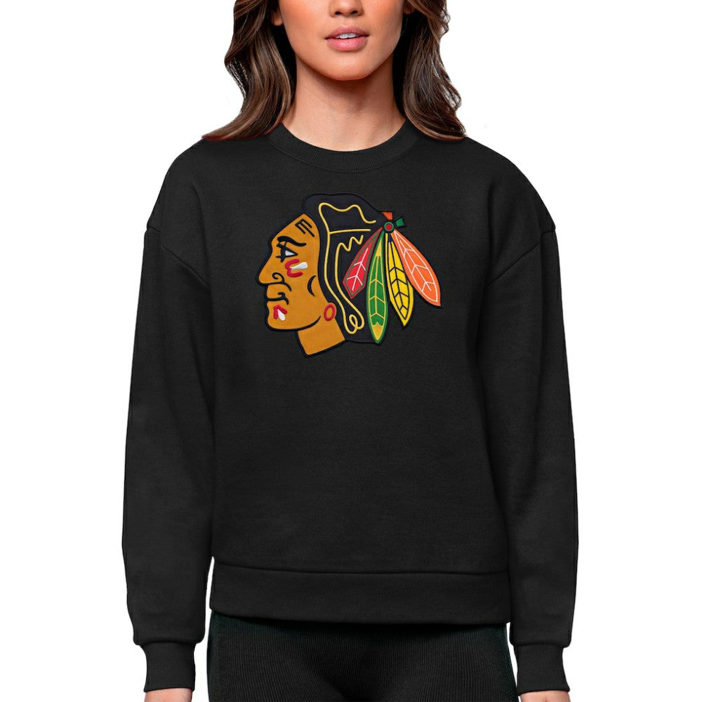 Chicago Blackhawks Antigua Women's Team Logo Victory Crewneck Pullover Sweatshirt - Black | US 5084213