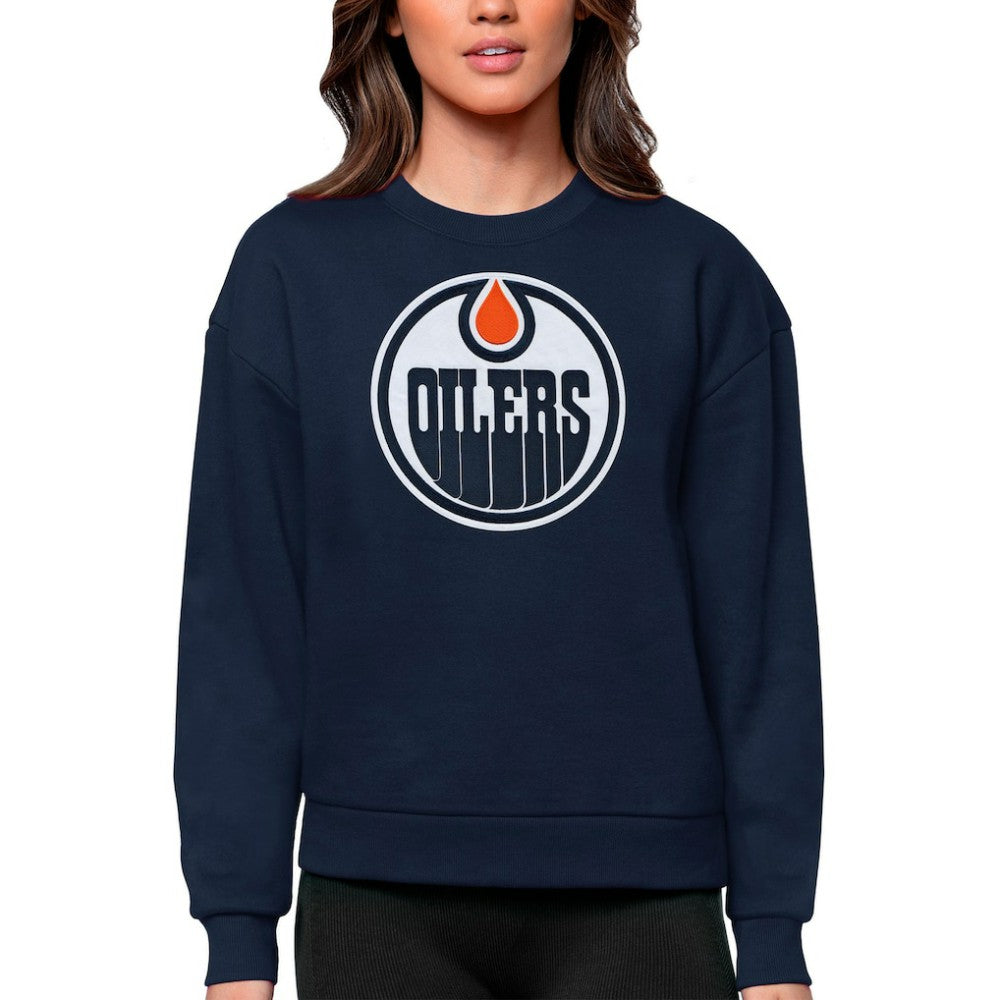 Edmonton Oilers Antigua Women's Team Logo Victory Crewneck Pullover Sweatshirt - Navy | US 5084237