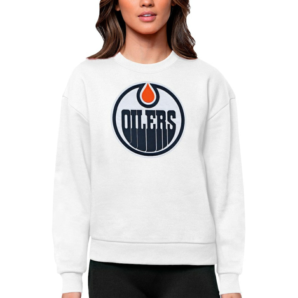Edmonton Oilers Antigua Women's Team Logo Victory Crewneck Pullover Sweatshirt - White | US 5084239