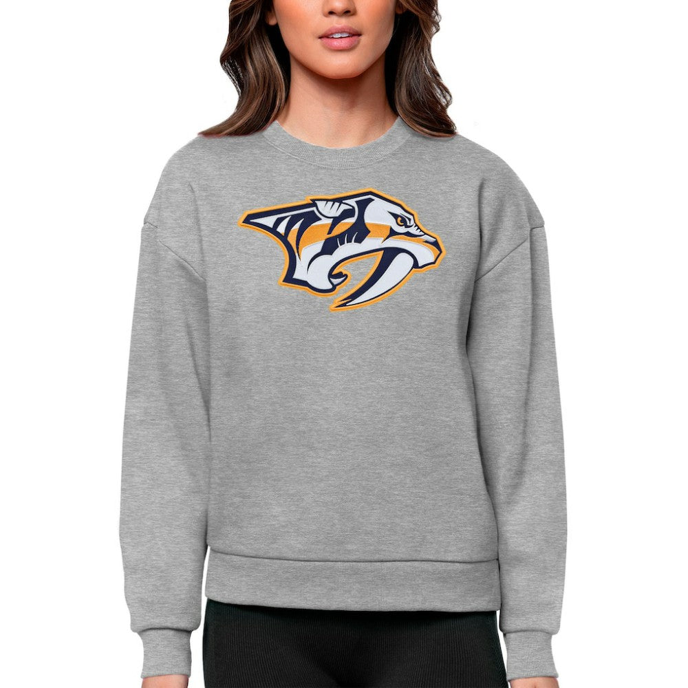 Nashville Predators Antigua Women's Team Logo Victory Crewneck Pullover Sweatshirt - Heather Gray | US 5084260