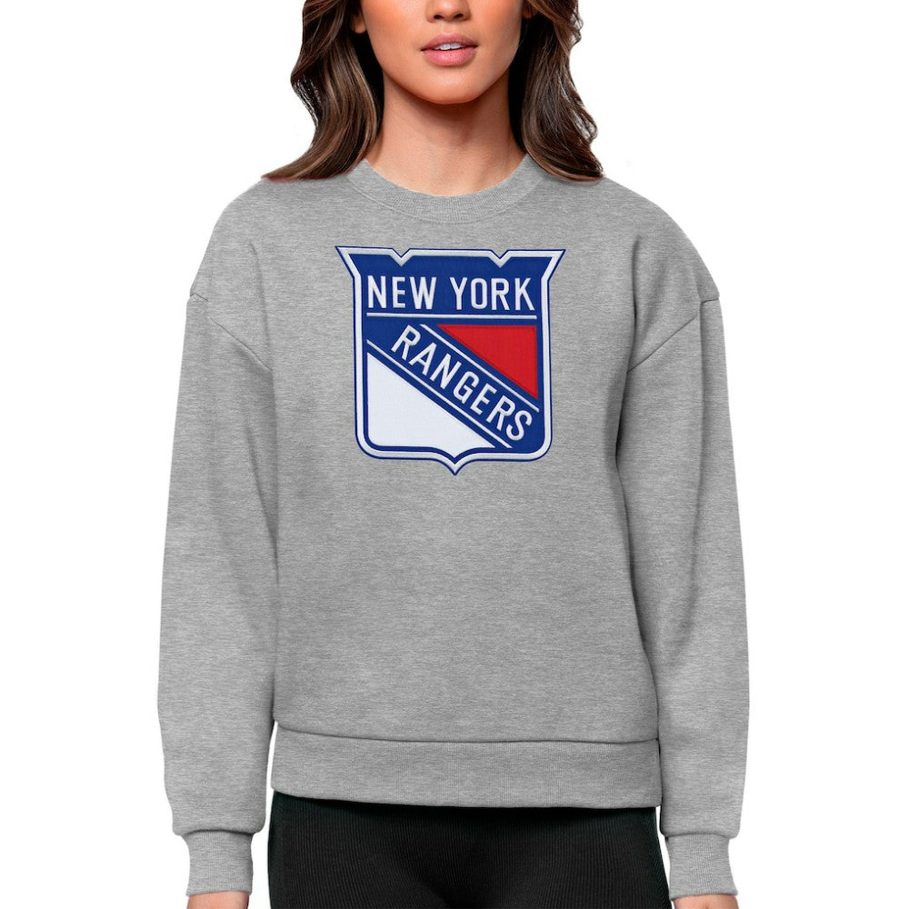 New York Rangers Antigua Women's Team Logo Victory Crewneck Pullover Sweatshirt - Heather Gray | US 5084274