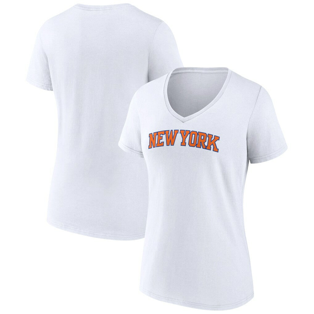 New York Knicks Women's Wordmark V-Neck T-Shirt White