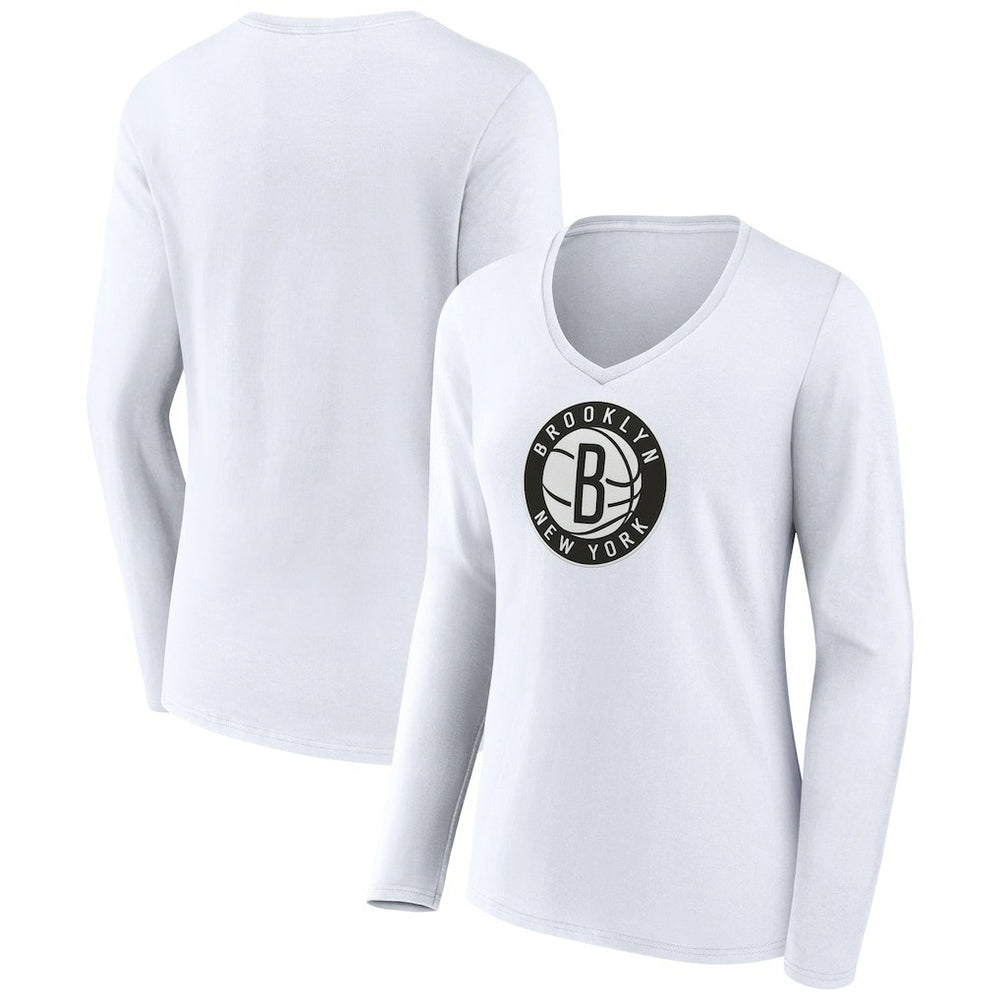 Brooklyn Nets Women's Logo Long Sleeve V-Neck T-Shirt White