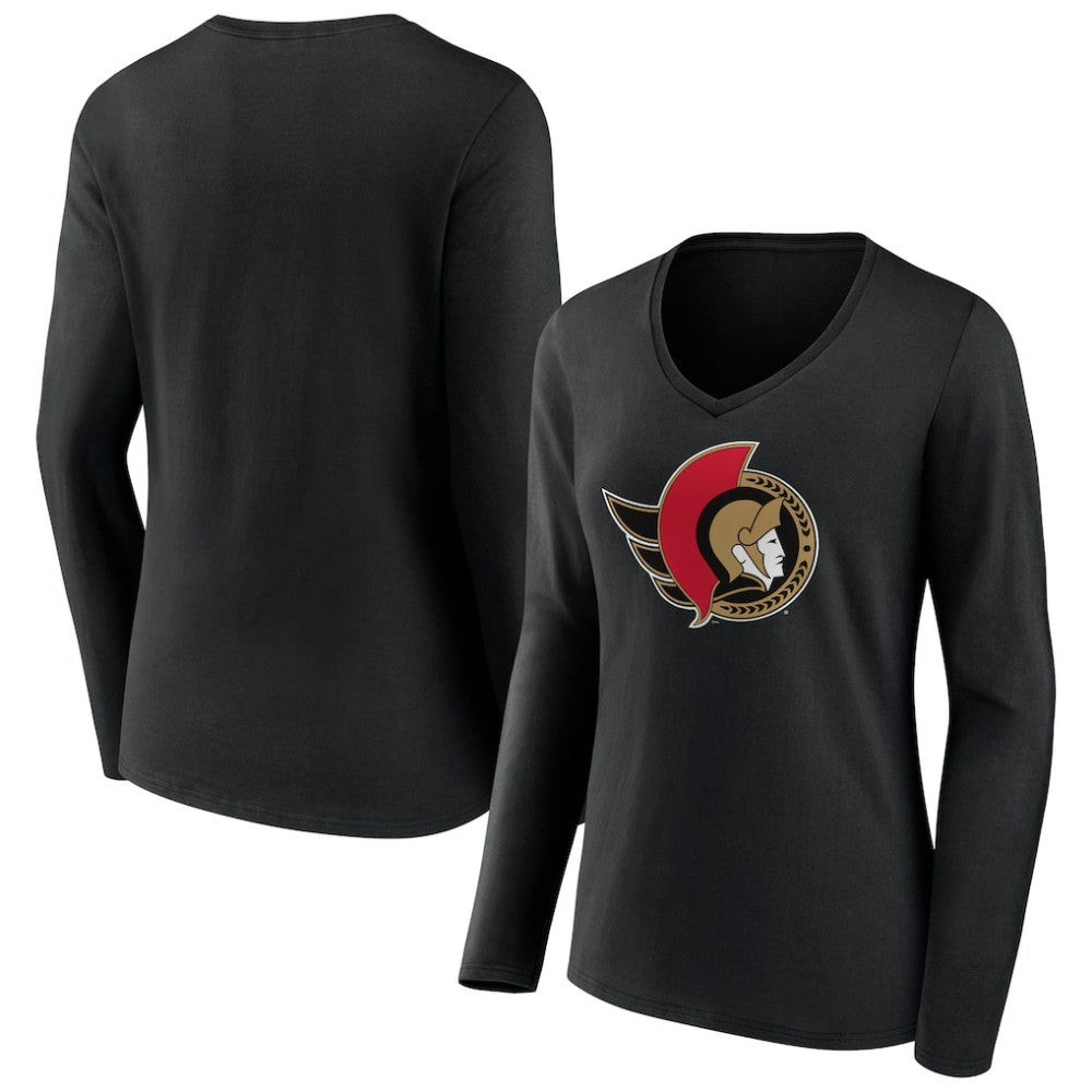 Ottawa Senators Women's Team Logo Long Sleeve V-Neck T-Shirt - Black | US 5087585