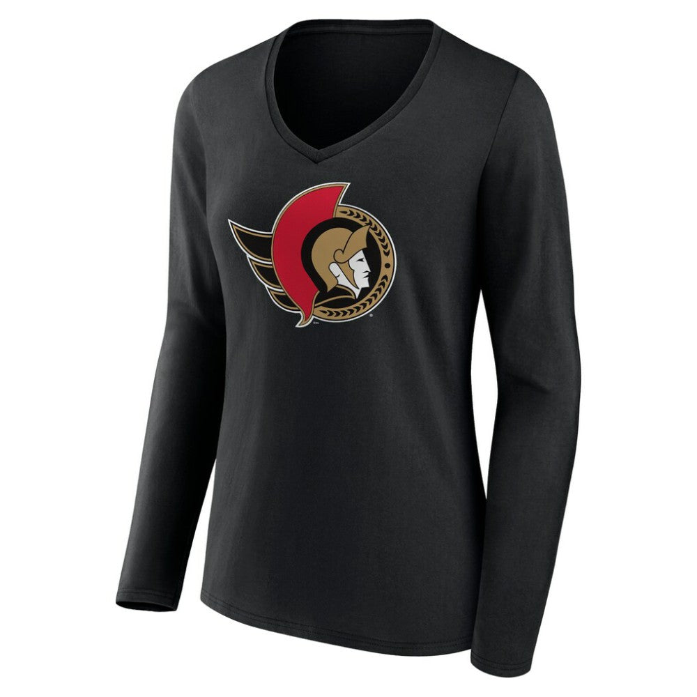 Ottawa Senators Women's Team Logo Long Sleeve V-Neck T-Shirt - Black | US 5087585