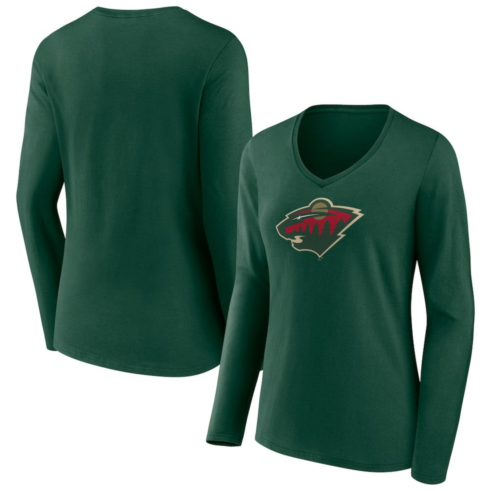 Minnesota Wild Women's Team Logo Long Sleeve V-Neck T-Shirt - Green | US 5088126