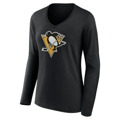 Pittsburgh Penguins Women's Team Logo Long Sleeve V-Neck T-Shirt - Black | US 5088132