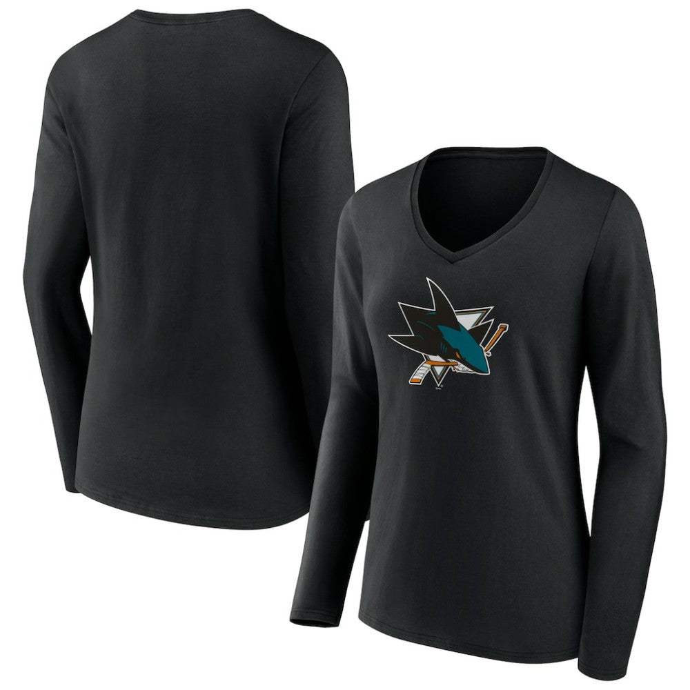 San Jose Sharks Women's Team Logo Long Sleeve V-Neck T-Shirt - Black | US 5088133