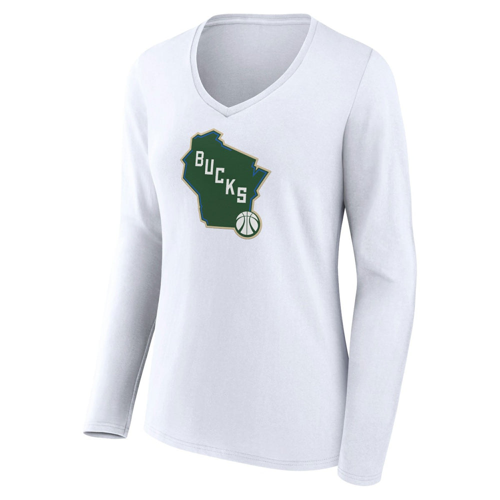 Milwaukee Bucks Women's Alternate Logo V-Neck Long Sleeve T-Shirt White outlet