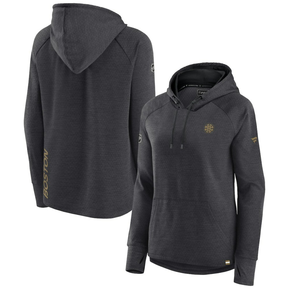 Boston Bruins Fanatics Women's Authentic Pro Pullover Hoodie - Heather Charcoal | US 5102223