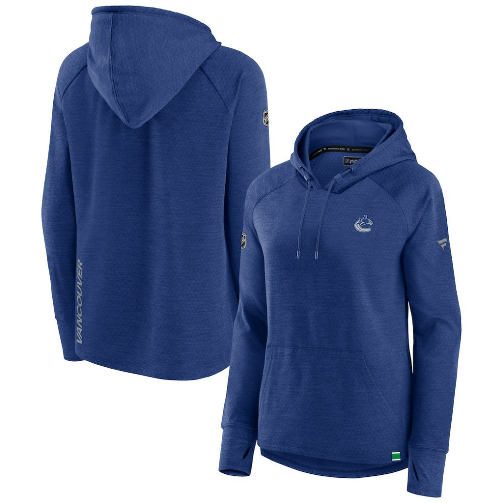 Vancouver Canucks Fanatics Women's Authentic Pro Pullover Hoodie - Heather Blue | US 5102232