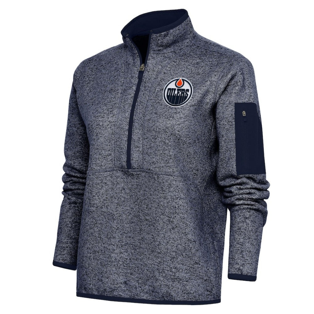 Edmonton Oilers Antigua Women's Team Logo Fortune Quarter-Zip Jacket - Heather Navy | US 5104427