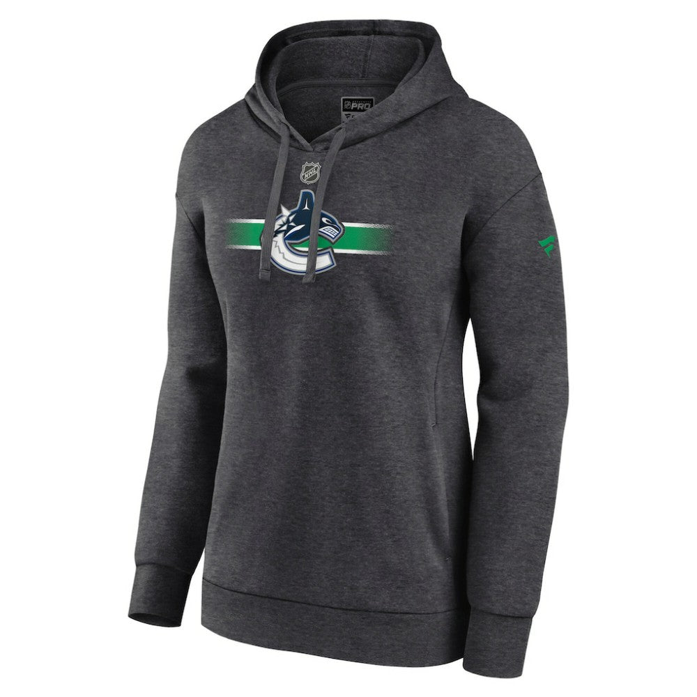 Vancouver Canucks Fanatics Women's Authentic Pro Core Secondary Fleece Pullover Hoodie - Heather Charcoal | US 5105122