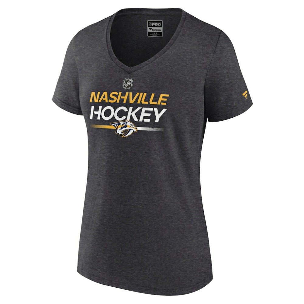 Nashville Predators Fanatics Women's Authentic Pro Primary V-Neck T-Shirt - Heather Charcoal | US 5105394
