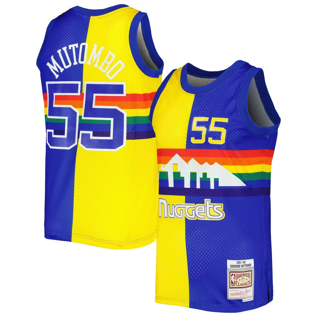 Dikembe Mutombo Denver Nuggets Hardwood Classics 1991/92 Split Swingman Jersey Royal/Gold - Mitchell & Ness