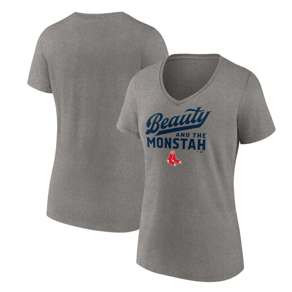 Boston Red Sox Women's Beauty And The Monstah V-Neck T-Shirt - Gray T-shirts