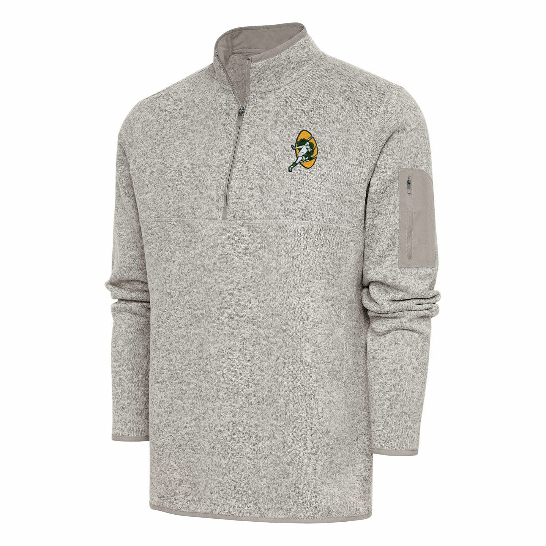 Green Bay Packers Antigua Throwback Fortune Quarter-Zip Pullover Jacket - Oatmeal Pullover