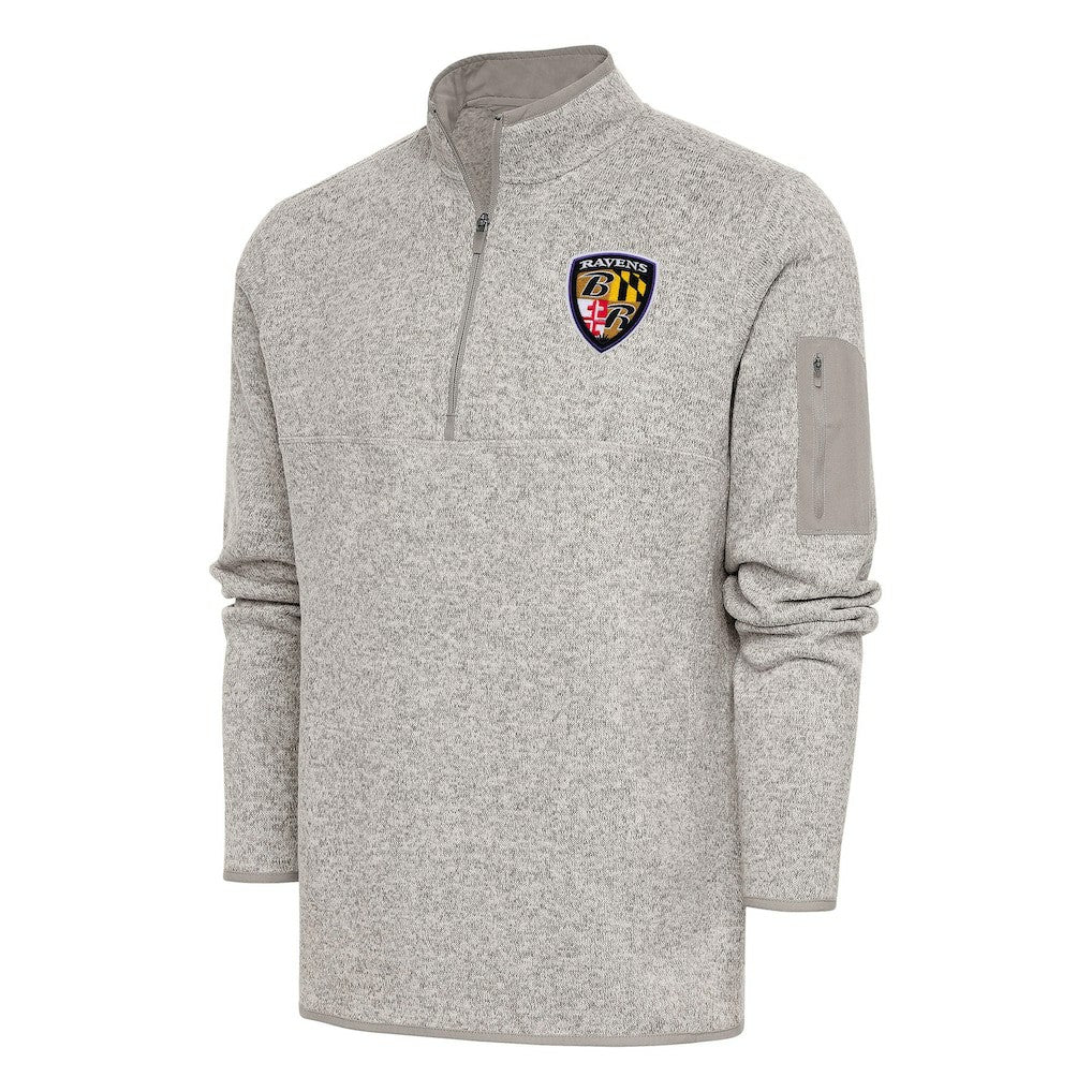 Baltimore Ravens Antigua Throwback Fortune Quarter-Zip Pullover Jacket - Oatmeal Pullover