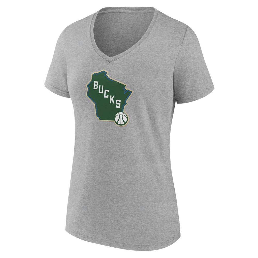 Milwaukee Bucks Women's Alternate Logo V-Neck T-Shirt Heather Gray