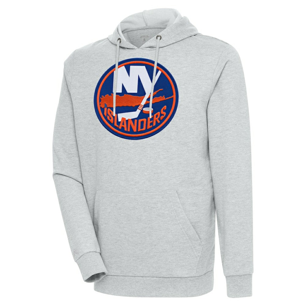 New York Islanders Antigua Logo Action Chenille Pullover Hoodie - Heather Gray | US 5125834