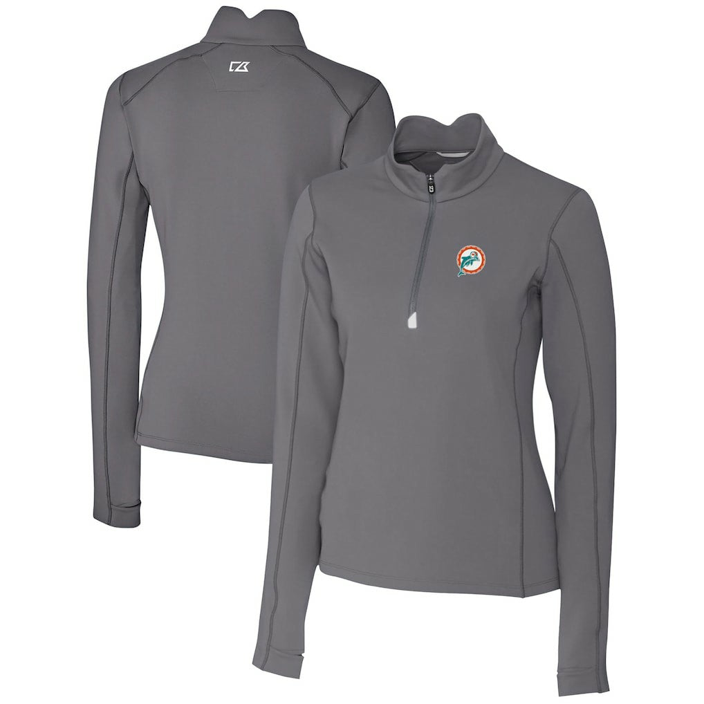 Miami Dolphins Cutter & Buck Women's Throwback Logo Traverse Stretch Quarter-Zip Pullover Top - Steel Pullover