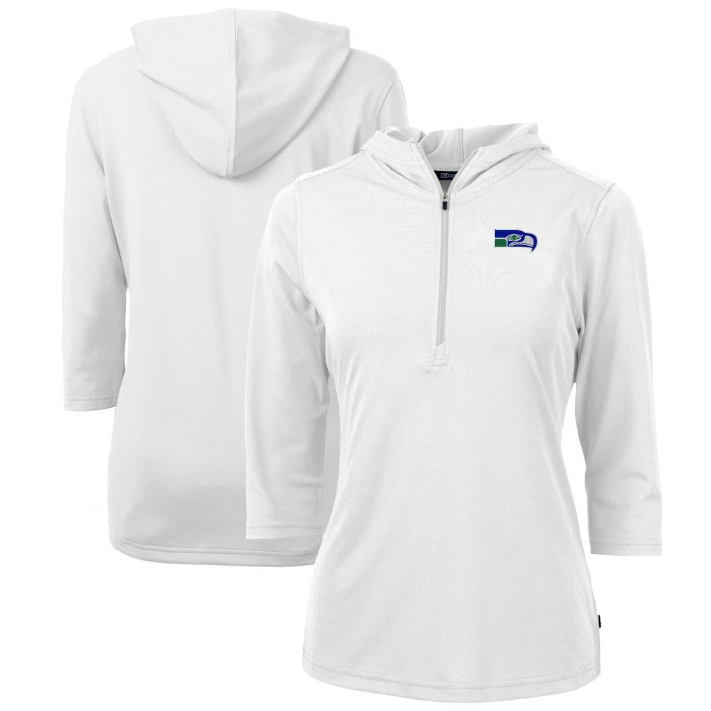 Seattle Seahawks Cutter & Buck Women's Throwback Logo Virtue Eco Pique 3/4 Sleeve Half-Zip Pullover Hoodie - White Hoodies