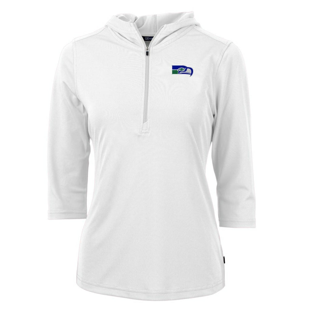 Seattle Seahawks Cutter & Buck Women's Throwback Logo Virtue Eco Pique 3/4 Sleeve Half-Zip Pullover Hoodie - White Hoodies