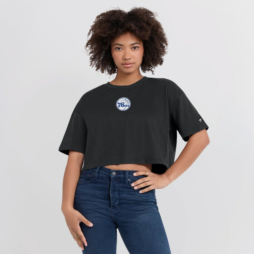 Philadelphia 76ers Women's Elements Super Soft Boxy Cropped T-Shirt Black - Fanatics