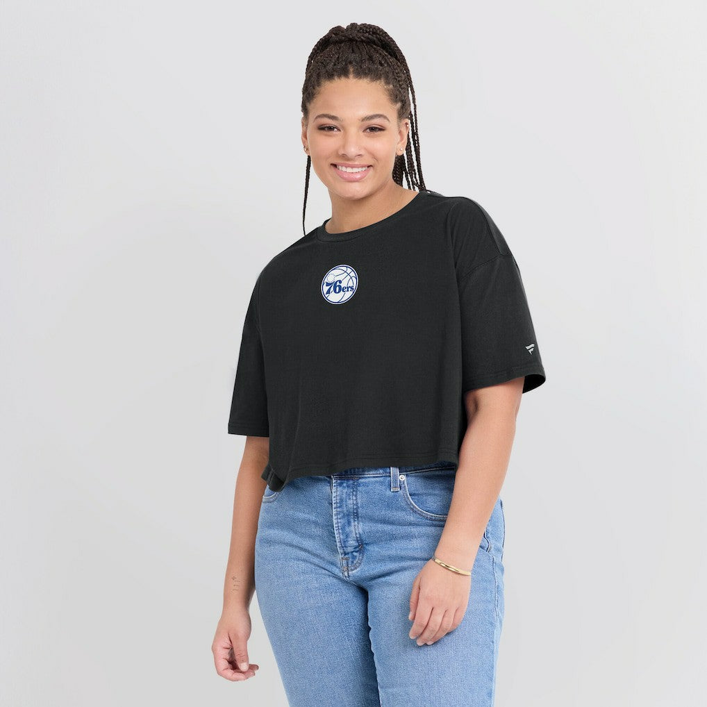 Philadelphia 76ers Women's Elements Super Soft Boxy Cropped T-Shirt Black - Fanatics