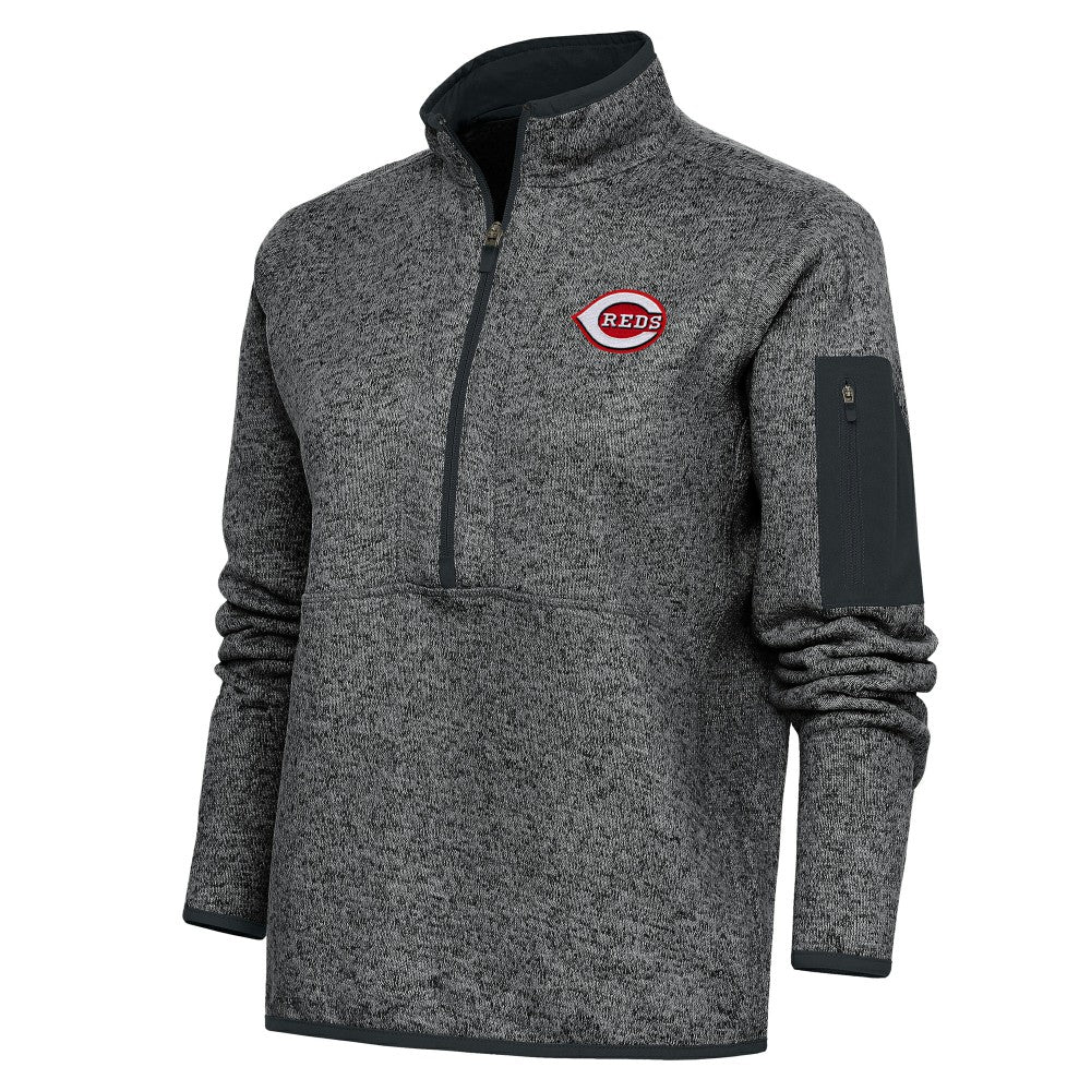 Cincinnati Reds Antigua Women's Logo Fortune Quarter-Zip Pullover Jacket - Heather Charcoal Jackets