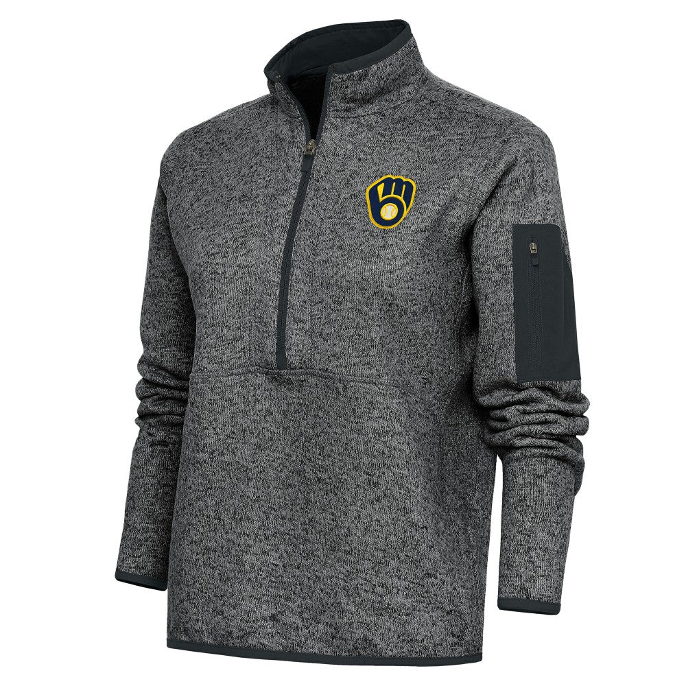 Milwaukee Brewers Antigua Women's Logo Fortune Quarter-Zip Pullover Jacket - Heather Charcoal Jackets