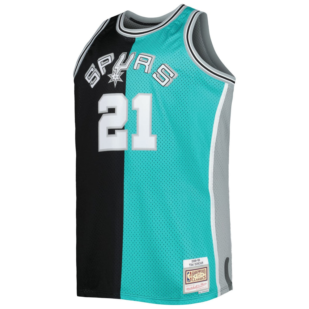 Tim Duncan San Antonio Spurs Big & Tall Hardwood Classics 1998/99 Split Swingman Jersey Black/Teal - Mitchell & Ness