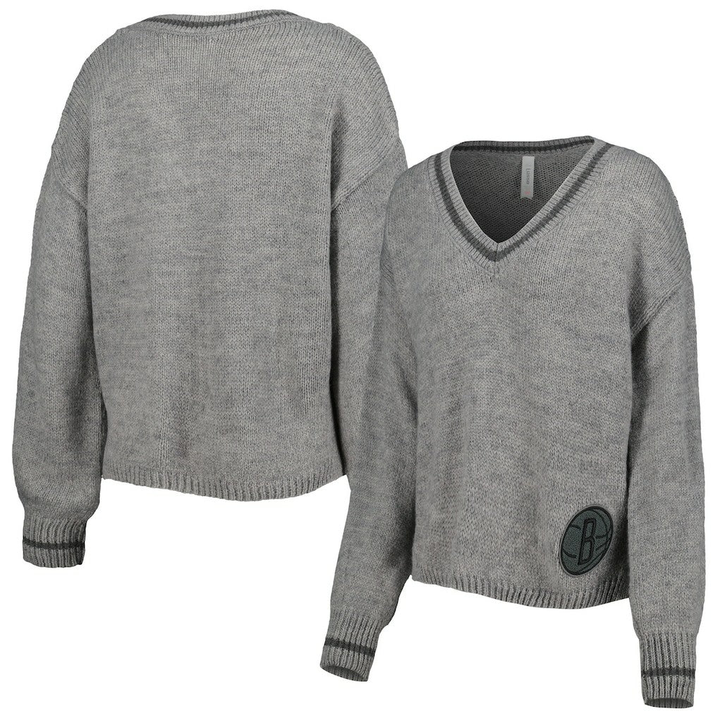 Brooklyn Nets Lusso Women's Scarletts Lantern Sleeve Tri-Blend V-Neck Pullover Sweater Gray