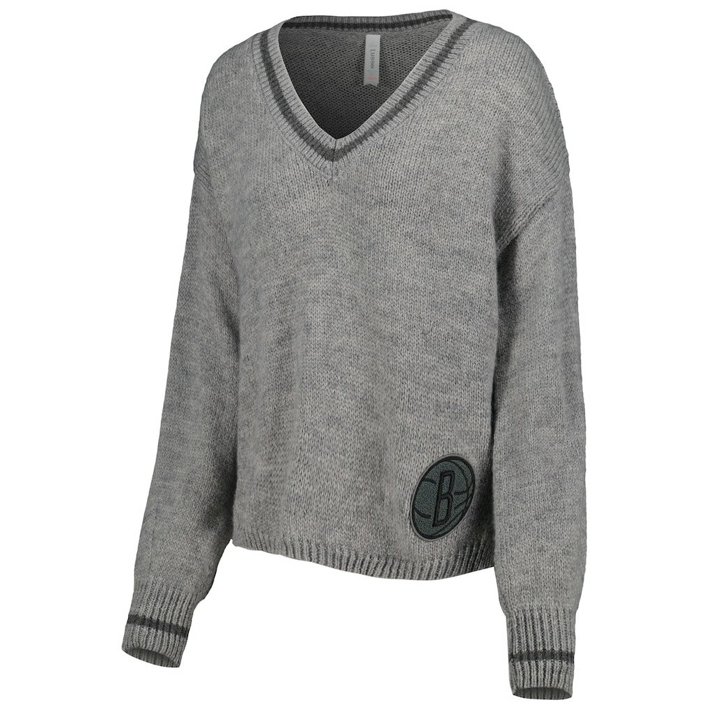 Brooklyn Nets Lusso Women's Scarletts Lantern Sleeve Tri-Blend V-Neck Pullover Sweater Gray