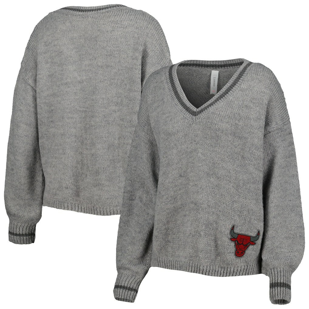 Chicago Bulls Lusso Women's Scarletts Lantern Sleeve Tri-Blend V-Neck Pullover Sweater Gray outlet