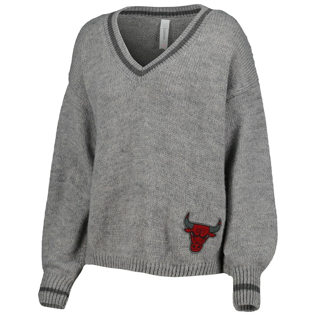 Chicago Bulls Lusso Women's Scarletts Lantern Sleeve Tri-Blend V-Neck Pullover Sweater Gray outlet
