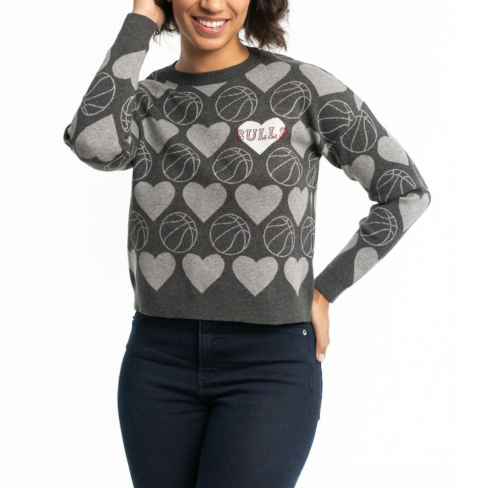 Chicago Bulls Lusso Women's Basketball Love Swarovski Crystal Intarsia Pullover Sweater Charcoal