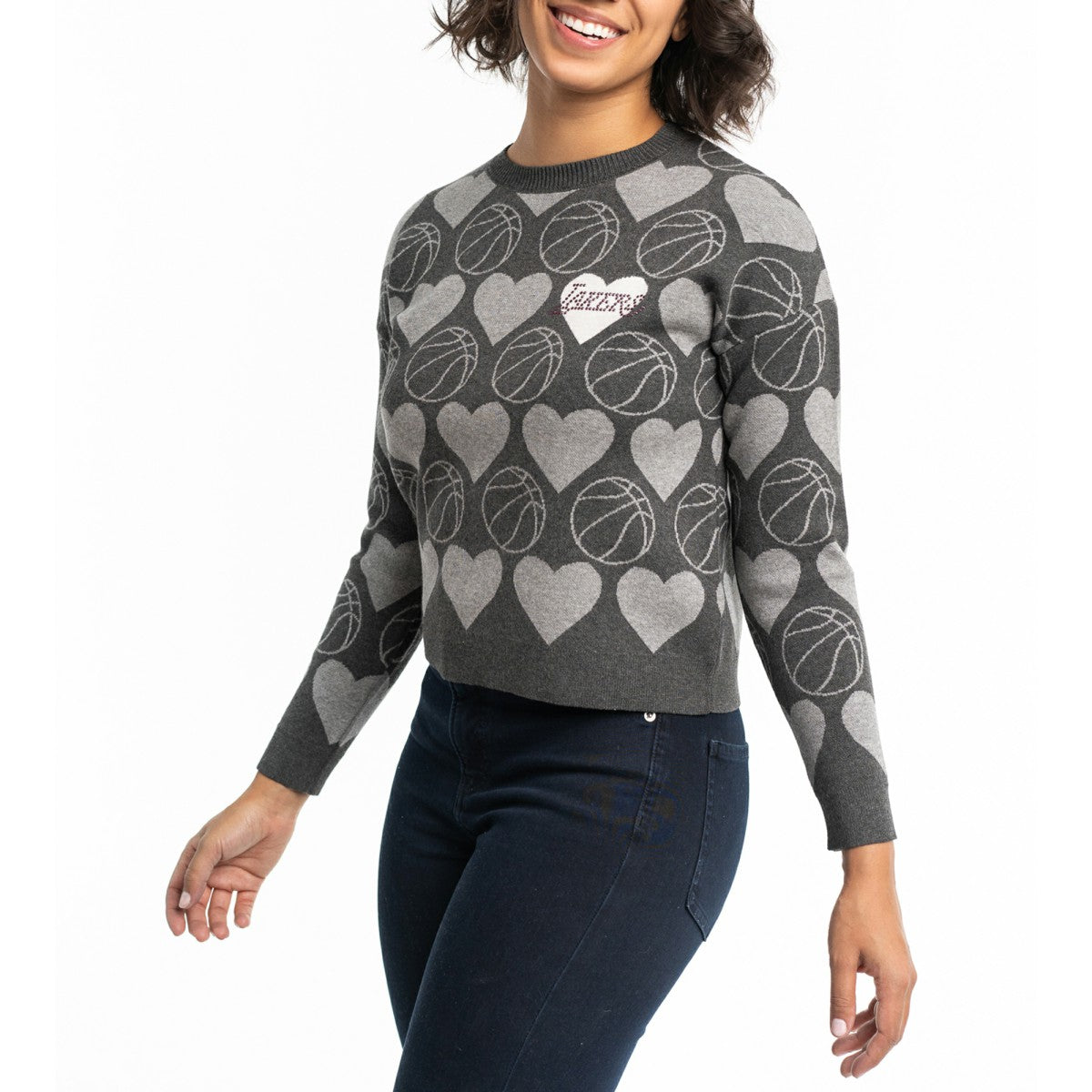Los Angeles Lakers Lusso Women's Basketball Love Swarovski Crystal Intarsia Pullover Sweater Charcoal