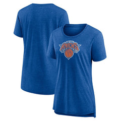 New York Knicks Women's Distressed Logo Tri-Blend T-Shirt Heather Blue