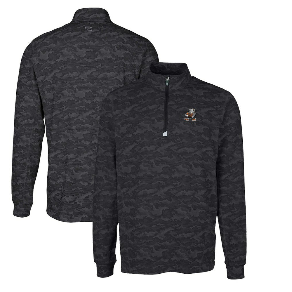Cleveland Browns Cutter & Buck Throwback Logo Big & Tall Traverse Camo Print Stretch Quarter-Zip Pullover Top - Black Pullover